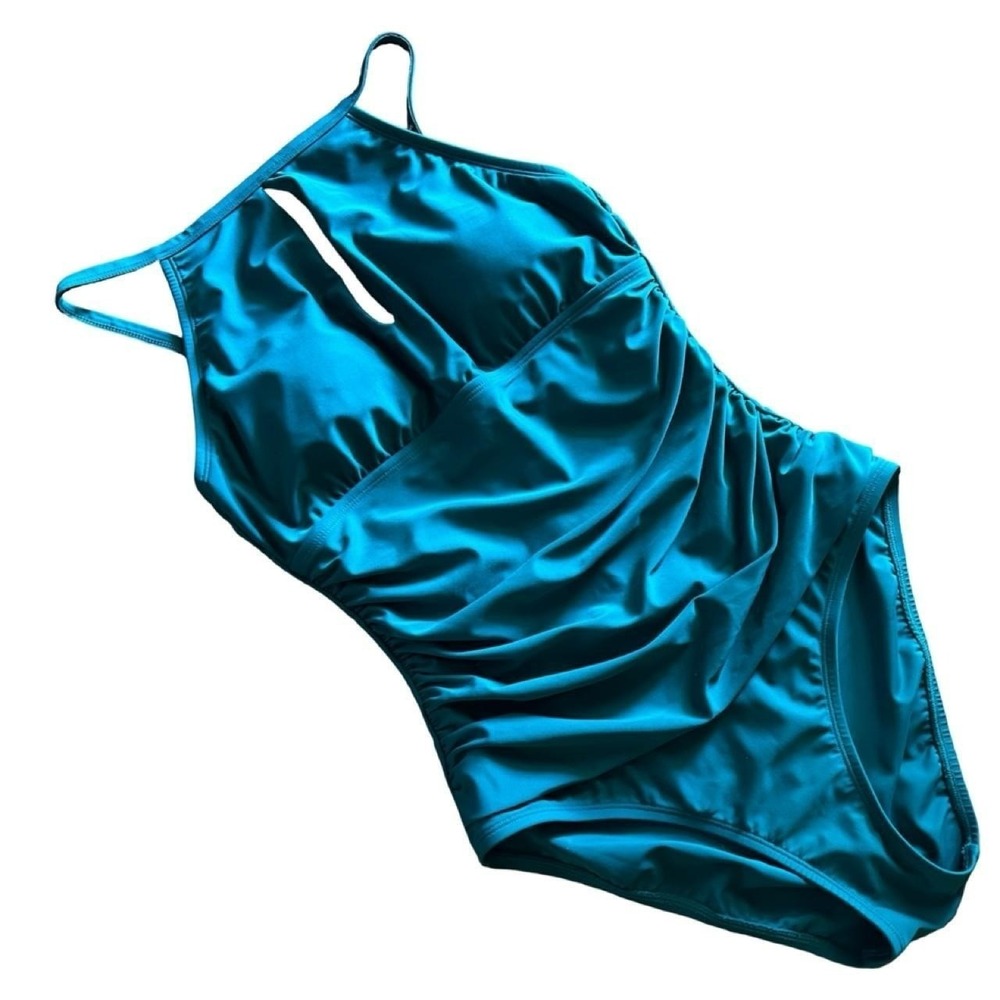 Size 8 Ellen Tracy Teal One Piece Swimsuit Halter Top Bathing Suit